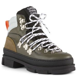 GANNI Sporty Hiking Leather Lace-Up Ankle Boots